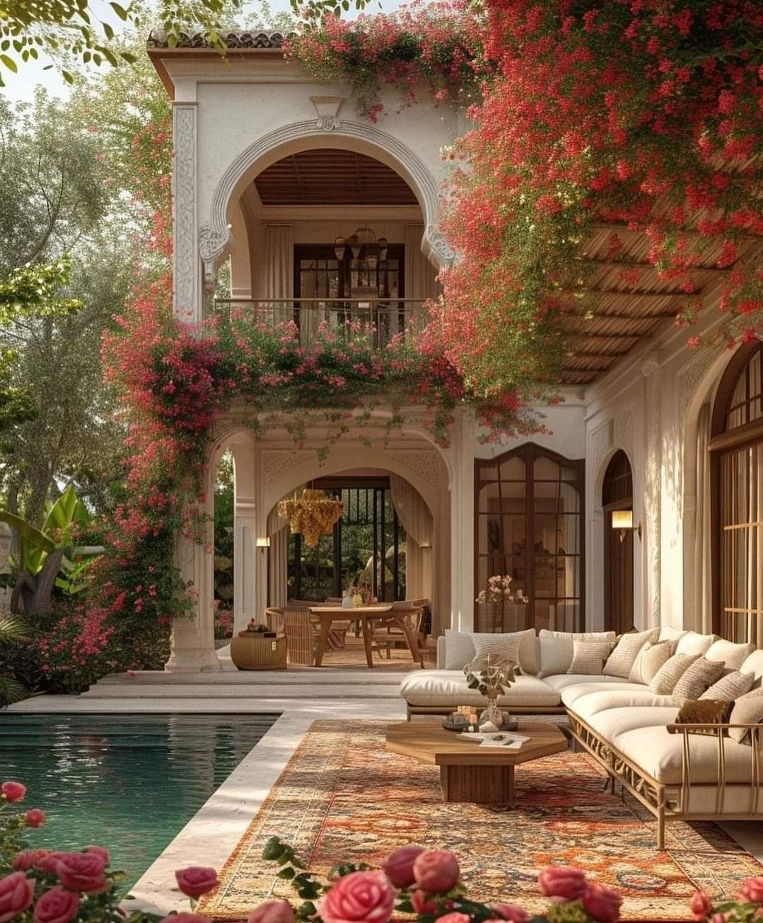 Mediterranean villa with bougainvillea, archways and outdoor lounge